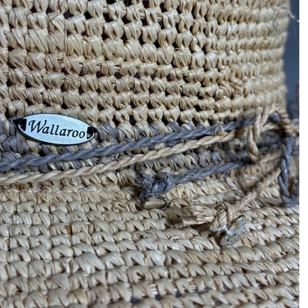 Wallaroo Hat Company Camille Natural Raffia Straw Sun Hat Wide Brim Tan Grey